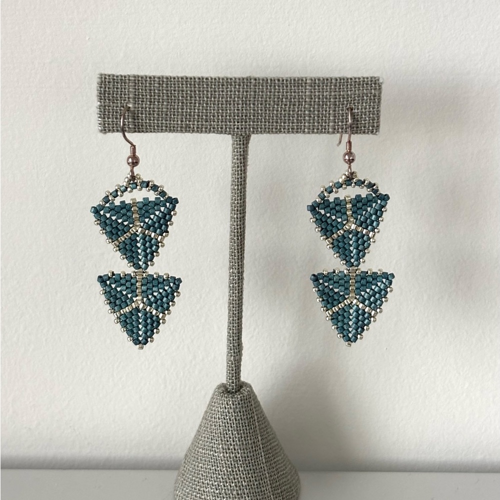 Beaded Teal Pyramid Dangle Earrings
